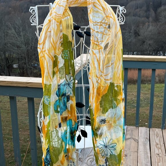 Gorgeous Floral Sheer Lightweight Scarf With Tassels In Yellow Green & Blue - Picture 2 of 7